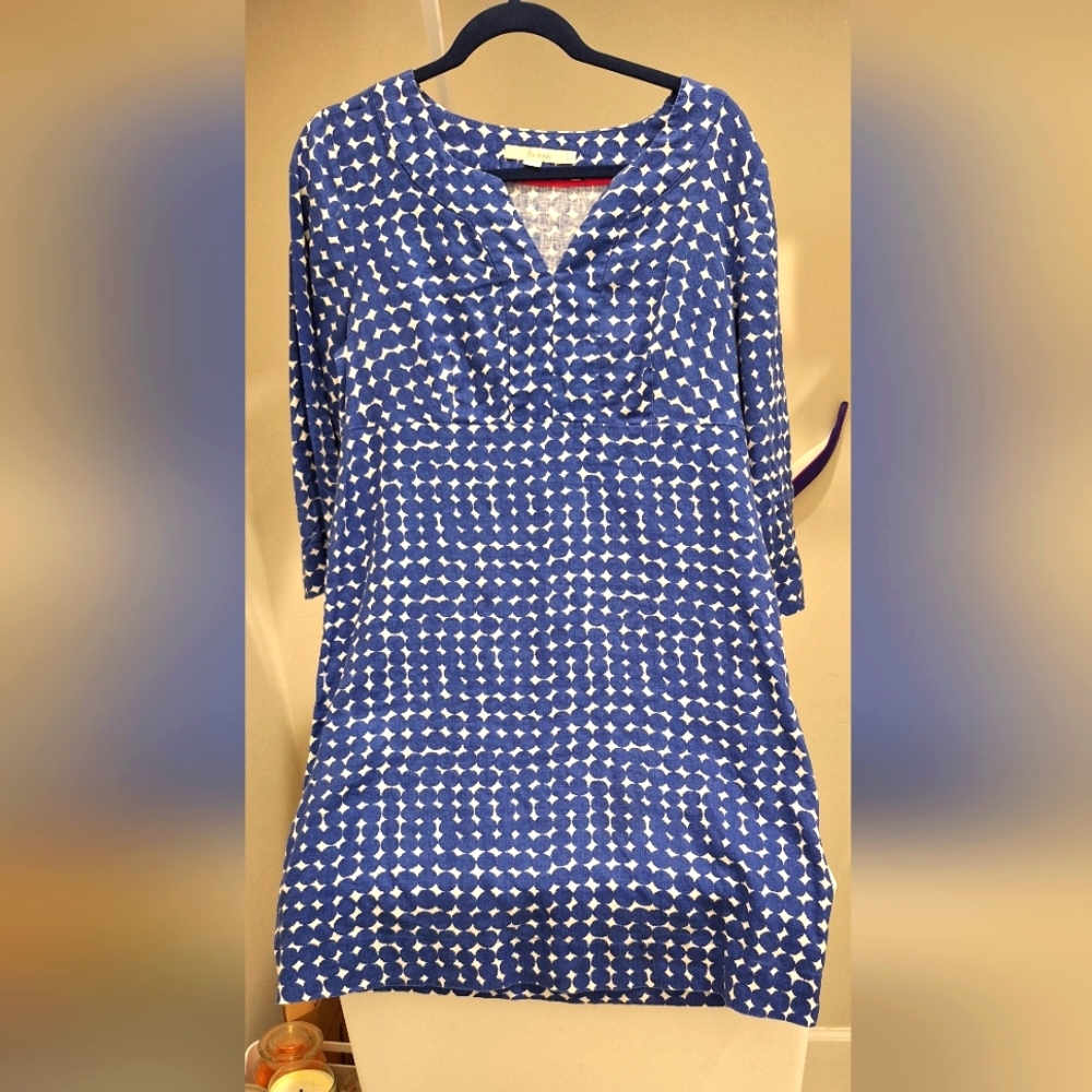 Boden Blue and White Dotted Pattern Dress %100 Linen Size 10
